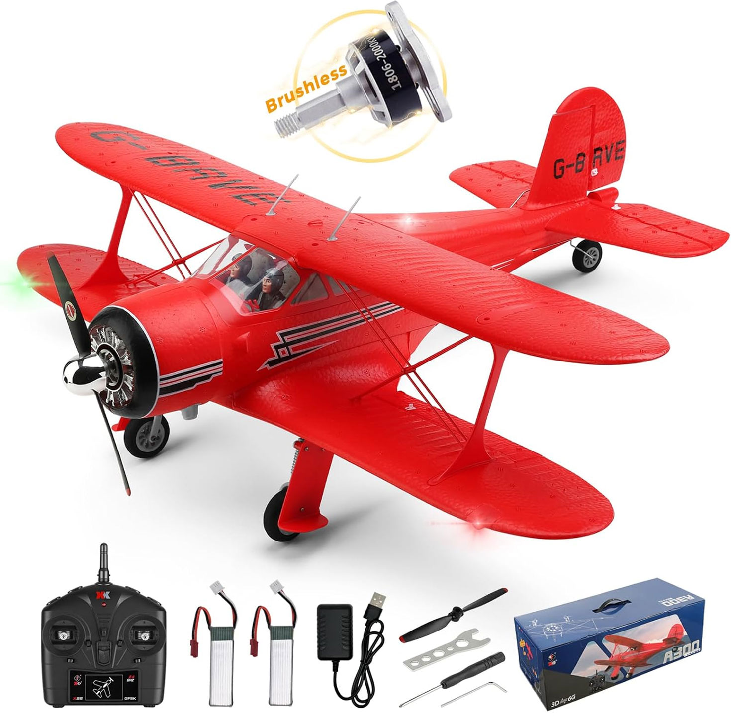 WLtoys A300 Red RC Airplane – 4 Channel Brushless, 6G/3D Mode, Ready to Fly with 2 Batteries